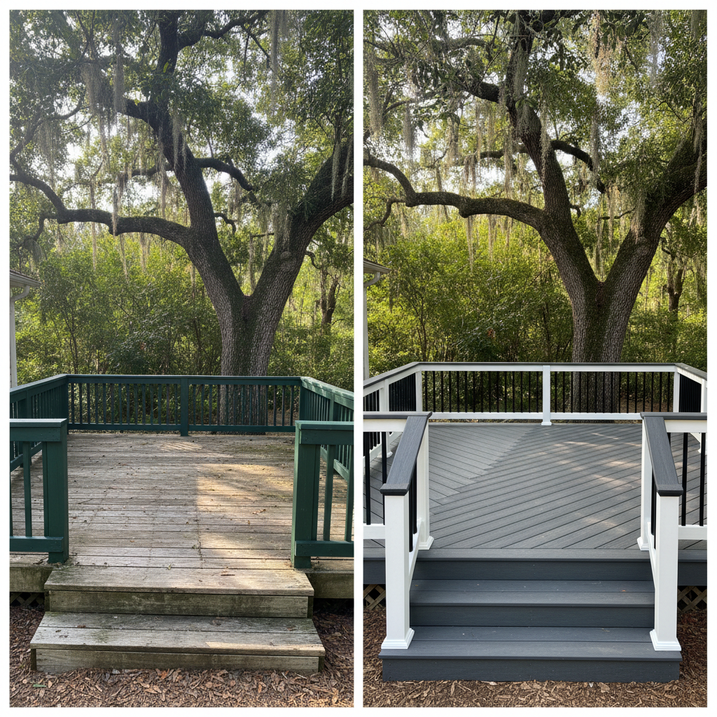 Completed composite decks work at a residential property in Savannah, GA