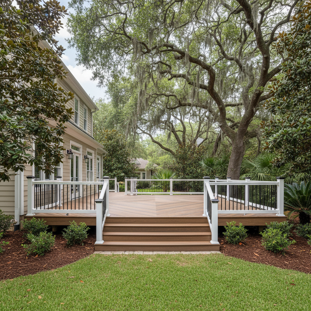 Completed trex decks work at a residential property in Savannah, GA