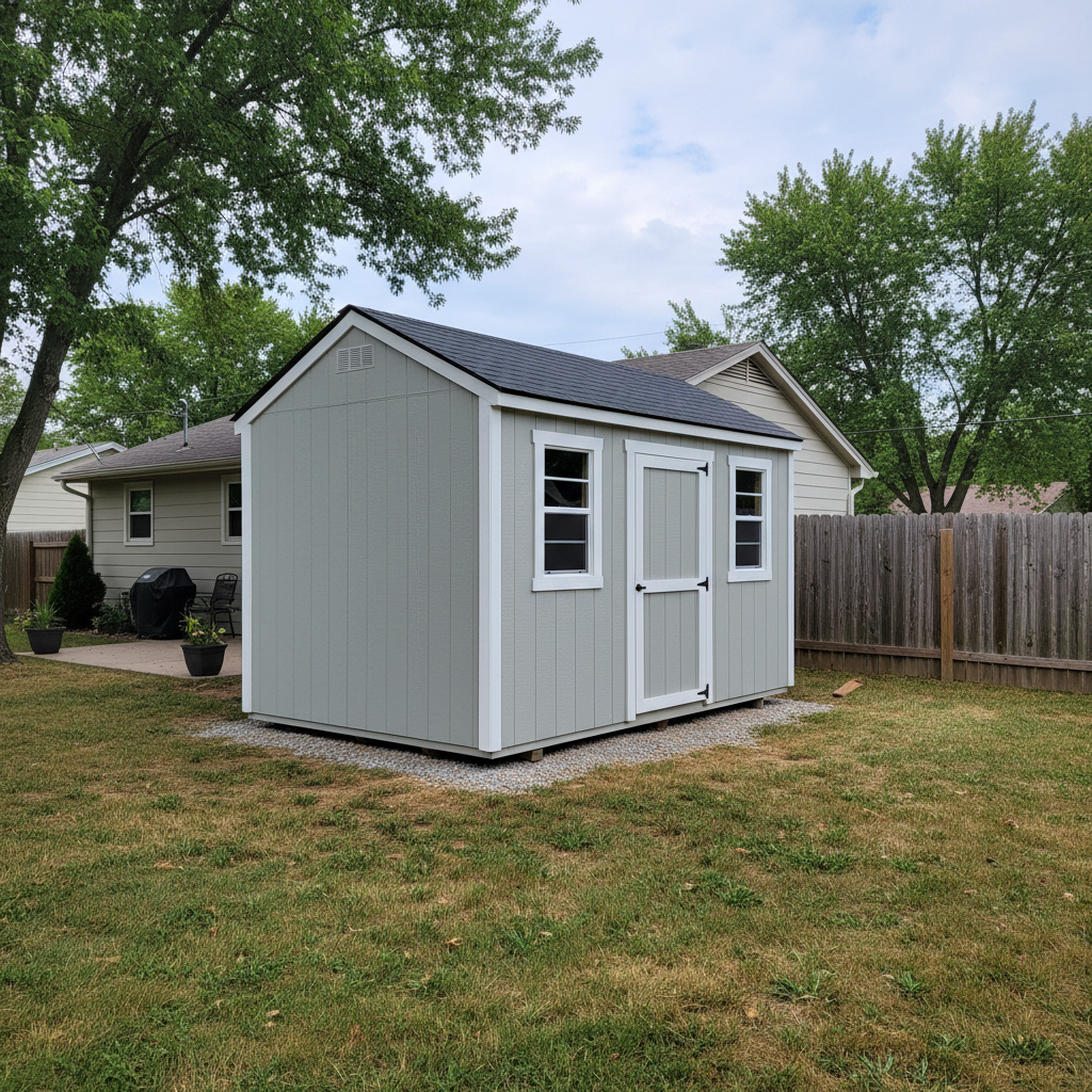 Completed shed delivery and installation work at a residential property in Wichita, KS