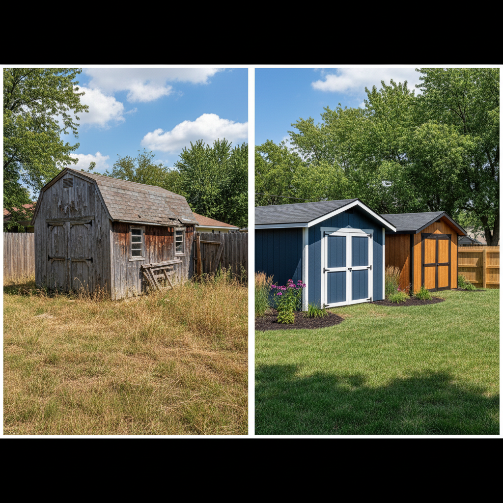 Completed storage sheds work at a residential property in Wichita, KS