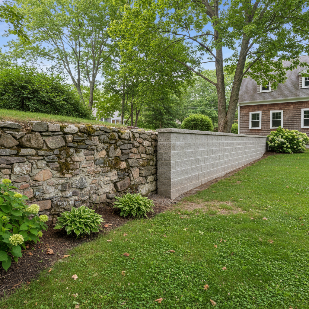 Completed block wall construction work at a residential property in Needham, MA