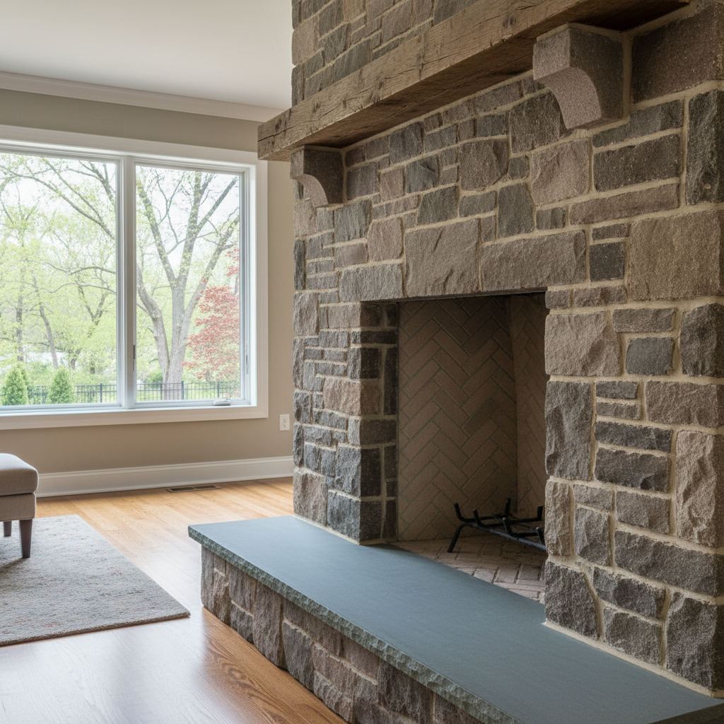 Completed fireplace construction work at a residential property in Needham, MA