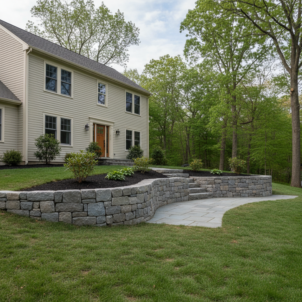 Completed retaining wall construction work at a residential property in Needham, MA