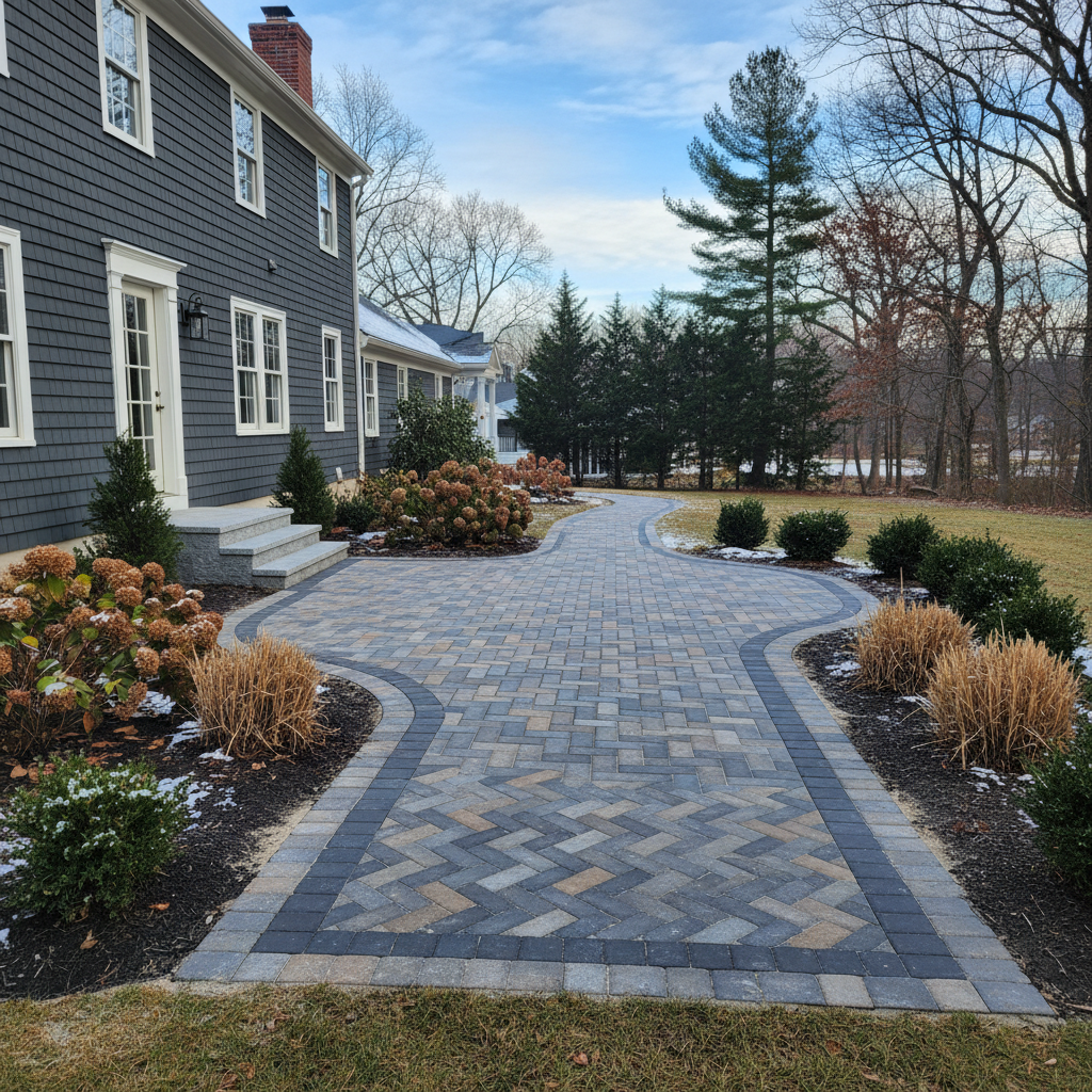 Completed paver installation work at a residential property in Needham, MA