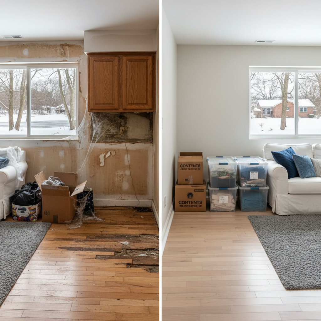 Completed content pack-out and restoration work at a residential property in Three Rivers, MI