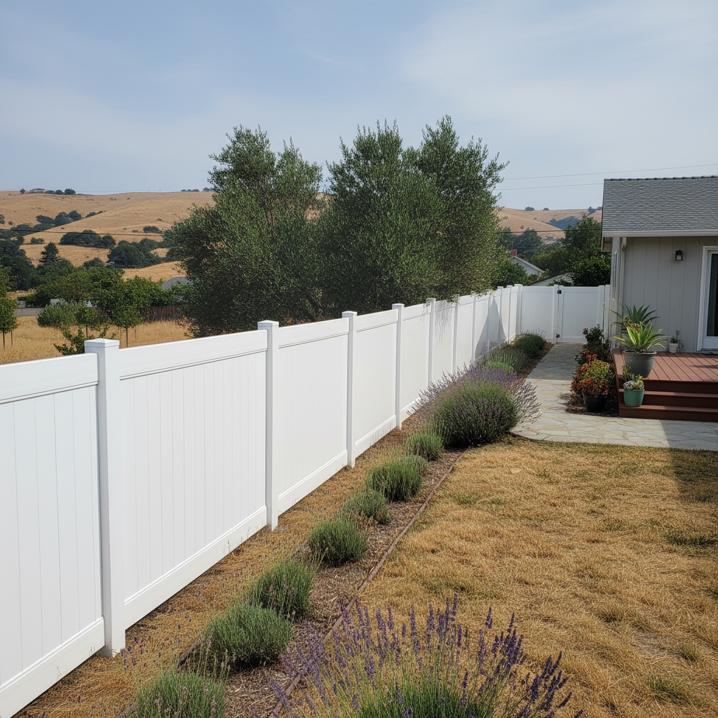 Completed vinyl fence installation work at a residential property in Vallejo, CA