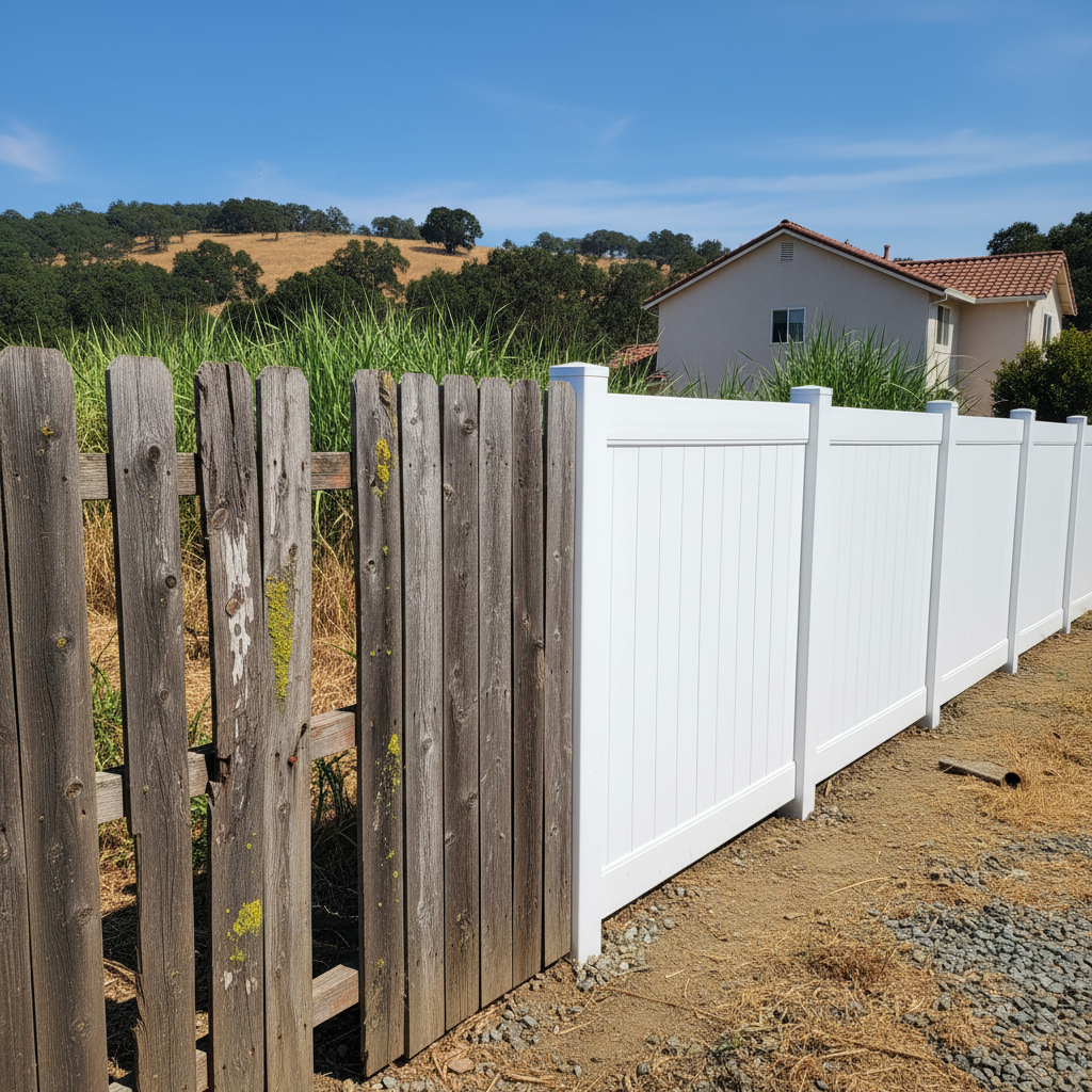 Completed vinyl fence installation work at a residential property in Vallejo, CA