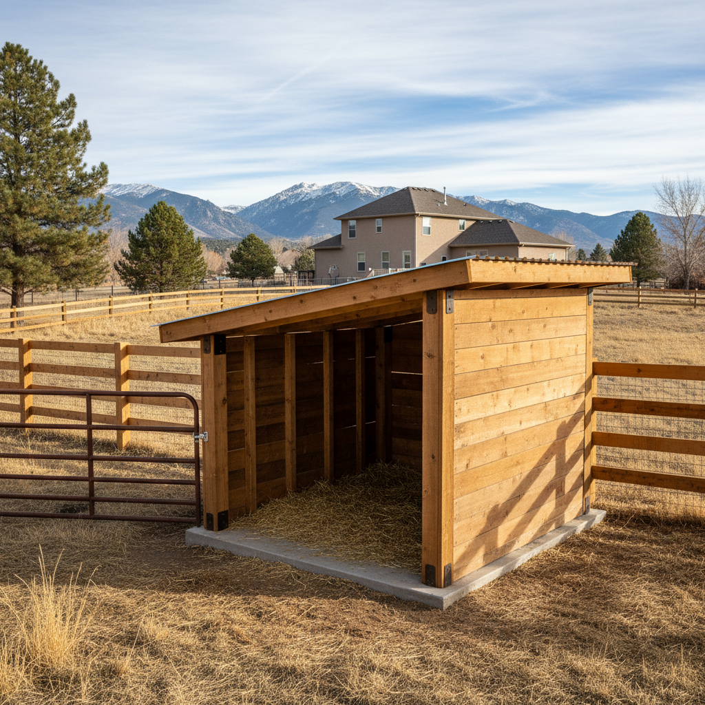 Completed livestock shelters work at a residential property in Fort Collins, CO