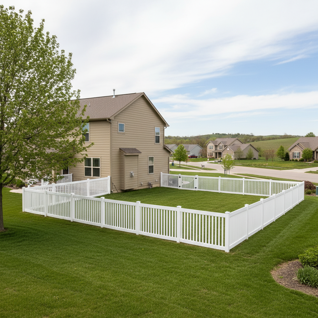 Completed vinyl fence installation work at a residential property in Bellevue, NE