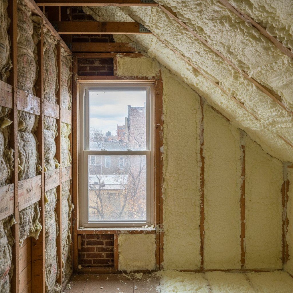 Completed open cell spray foam work at a residential property in Brooklyn, NY