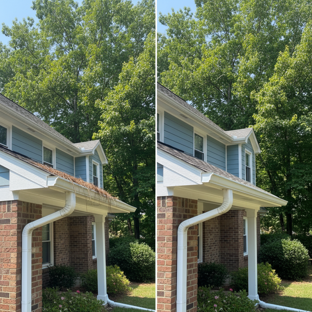 Completed gutter maintenance plans work at a residential property in Durham, NC
