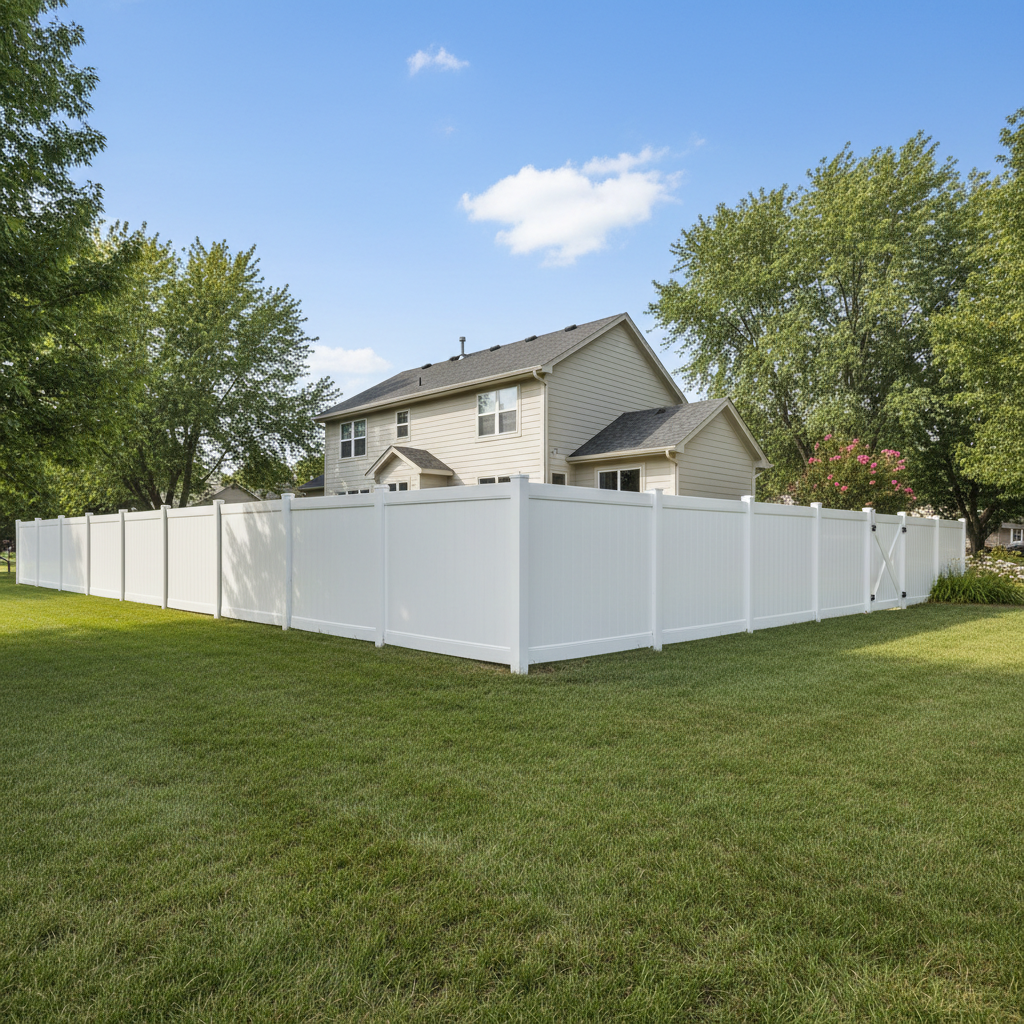 Completed vinyl fence installation work at a residential property in Lincoln, NE