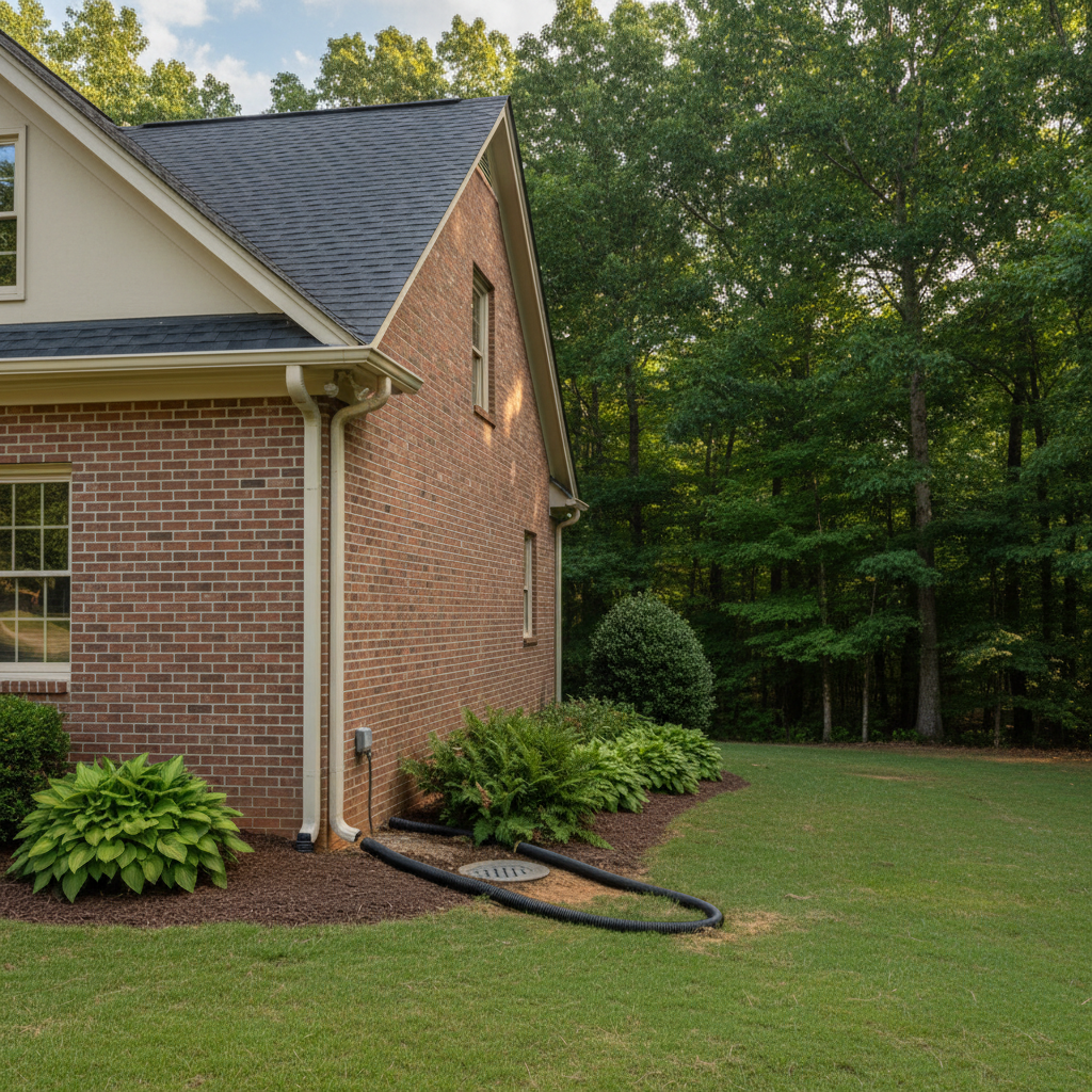 Completed downspout repair work at a residential property in Chapel Hill, NC