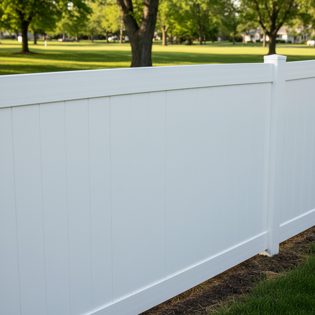 Completed vinyl fence installation work at a residential property in Bellevue, NE