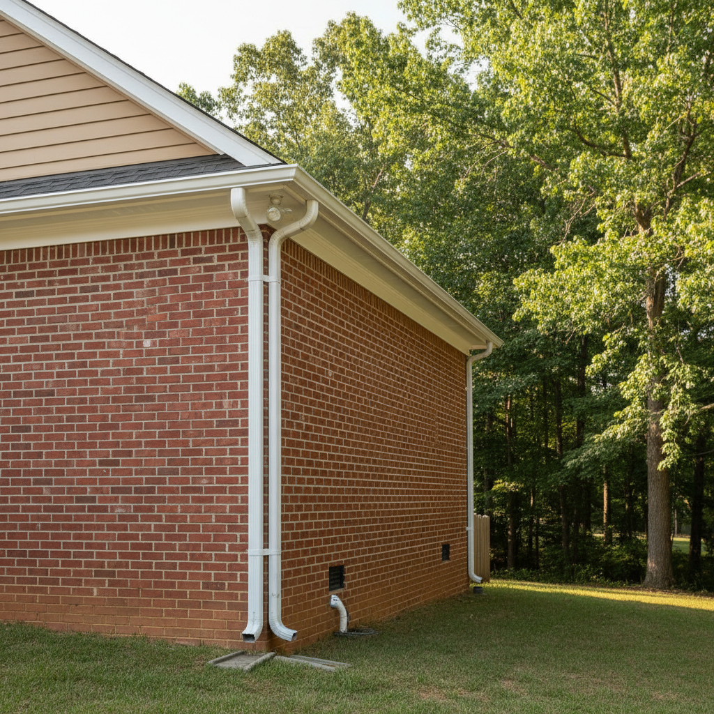 Completed downspout installation work at a residential property in Durham, NC