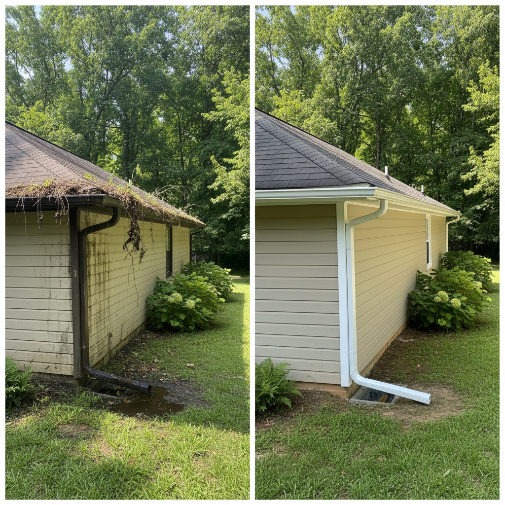 Completed gutter maintenance plans work at a residential property in Durham, NC