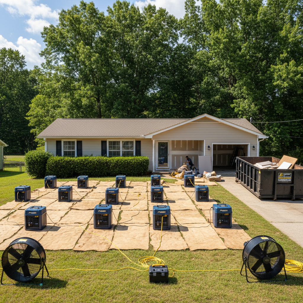 Completed emergency water cleanup work at a residential property in Lexington, NC