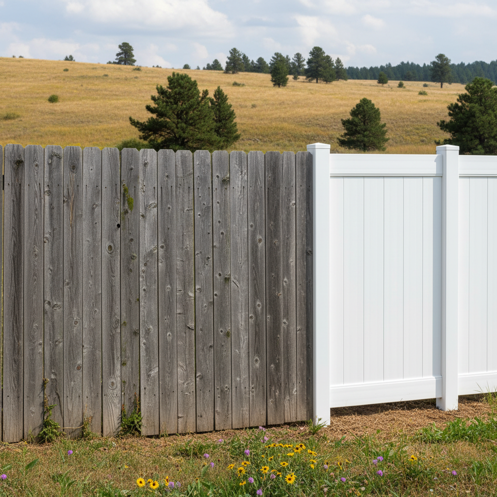 Completed vinyl fence installation work at a residential property in Spearfish, SD