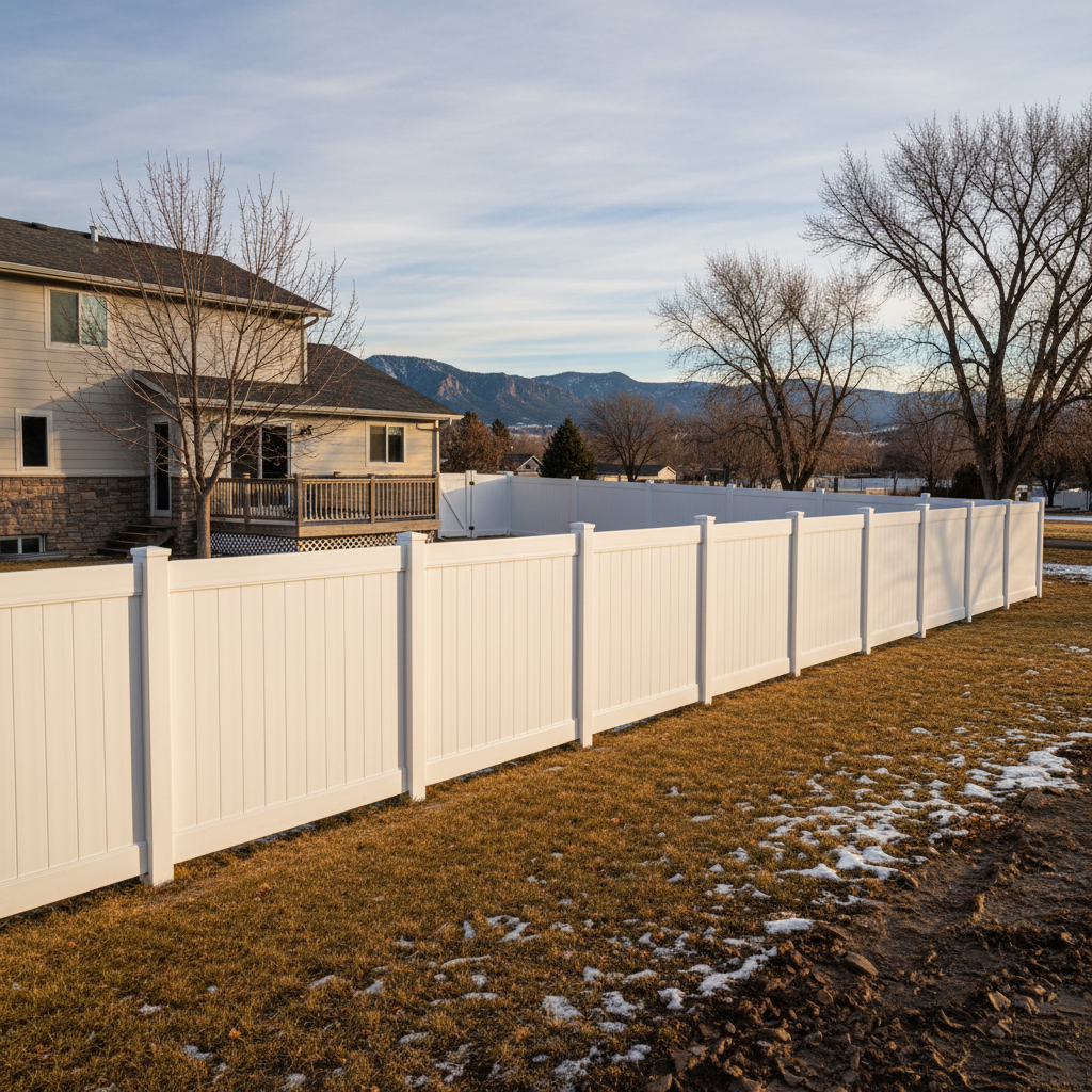Completed vinyl fence installation work at a residential property in Rapid City, SD