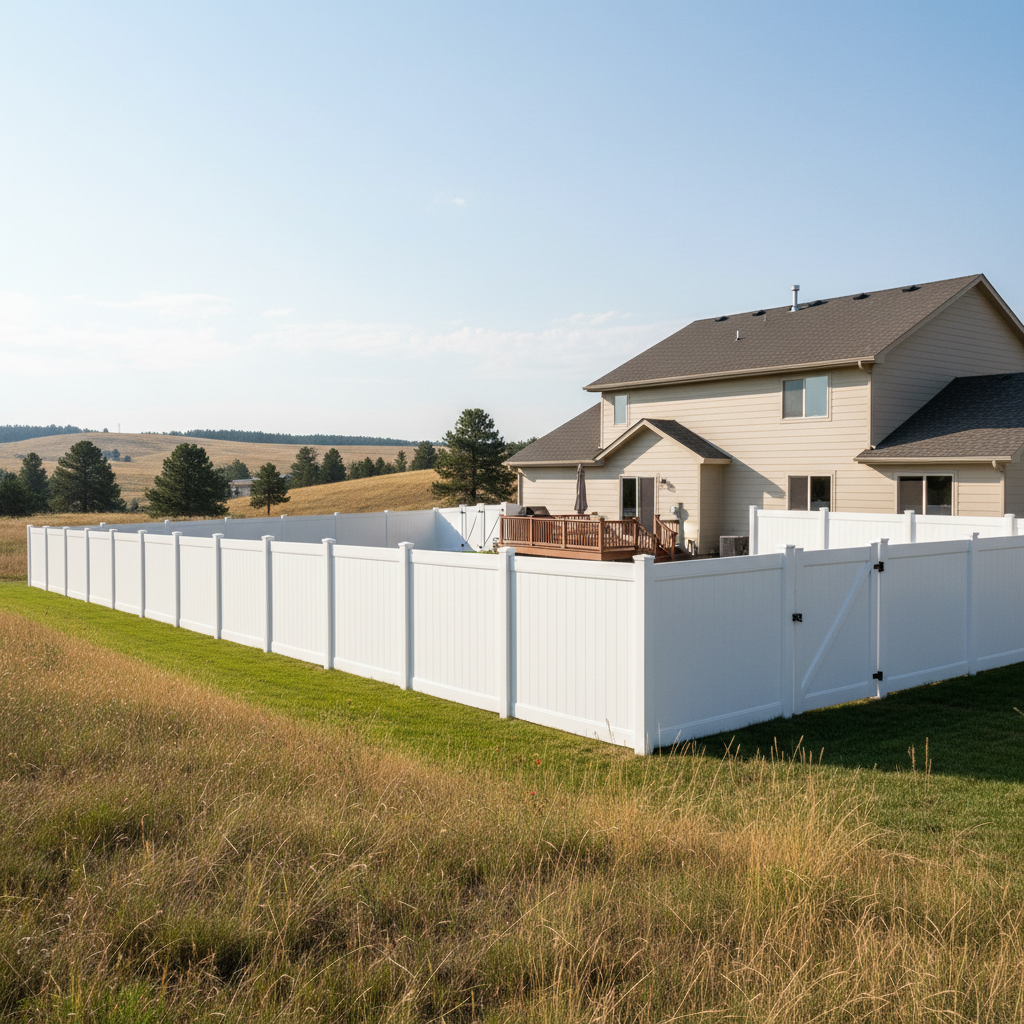 Completed vinyl fence installation work at a residential property in Sturgis, SD