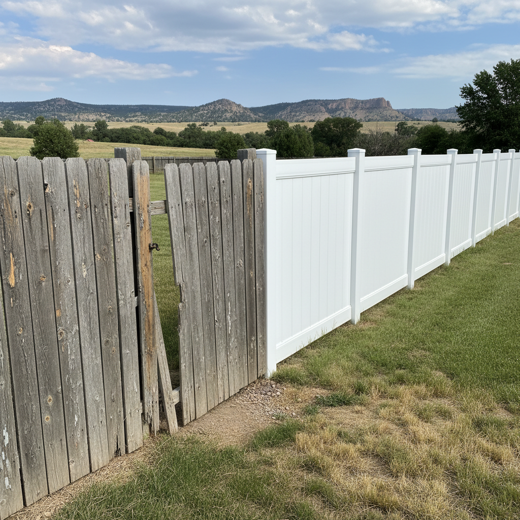 Completed vinyl fence installation work at a residential property in Rapid City, SD