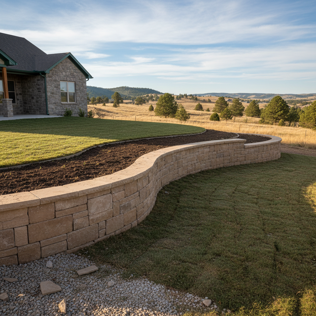 Completed retaining wall construction work at a residential property in Rapid City, SD