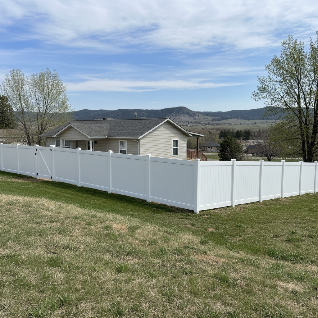 Completed vinyl fence installation work at a residential property in Sturgis, SD