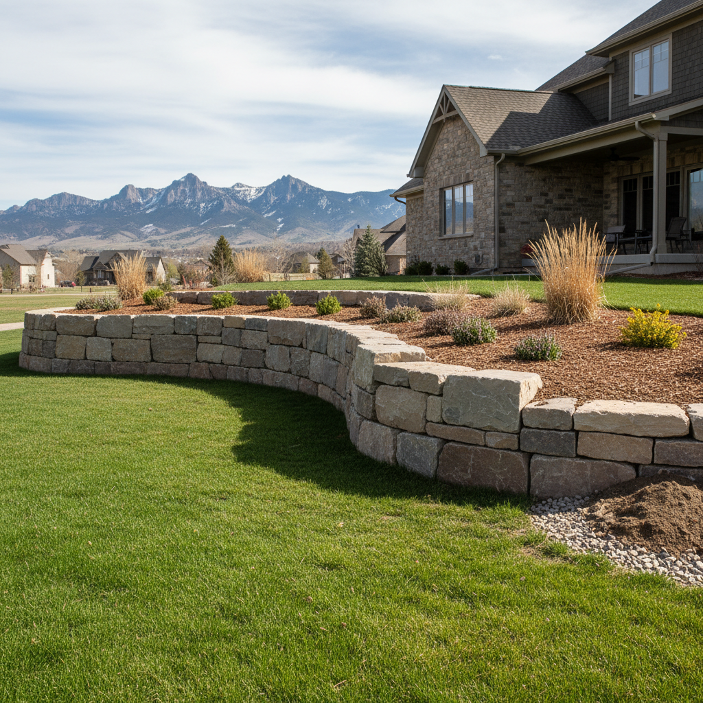 Completed retaining wall construction work at a residential property in Rapid City, SD