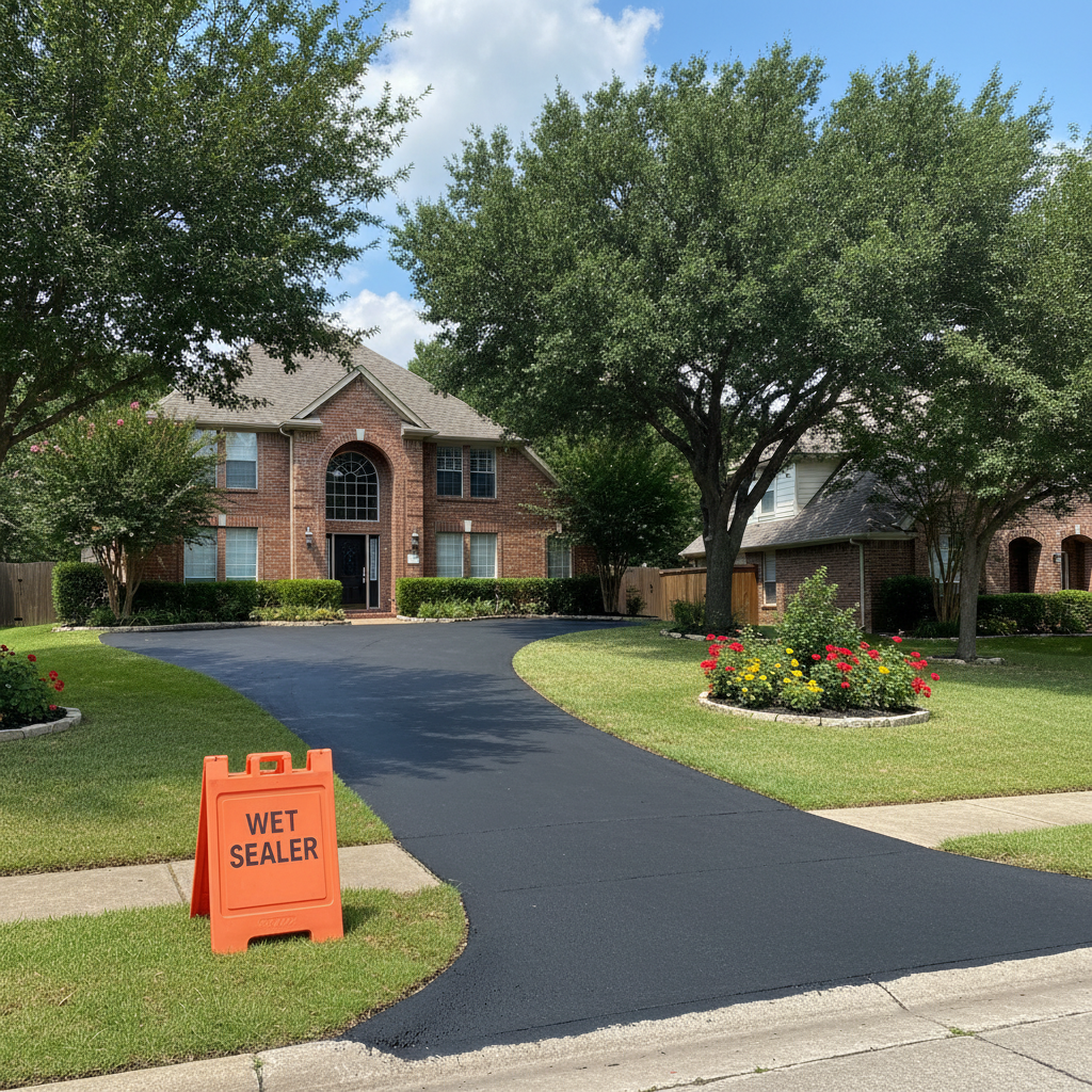 Completed asphalt sealcoating work at a residential property in Dallas, TX