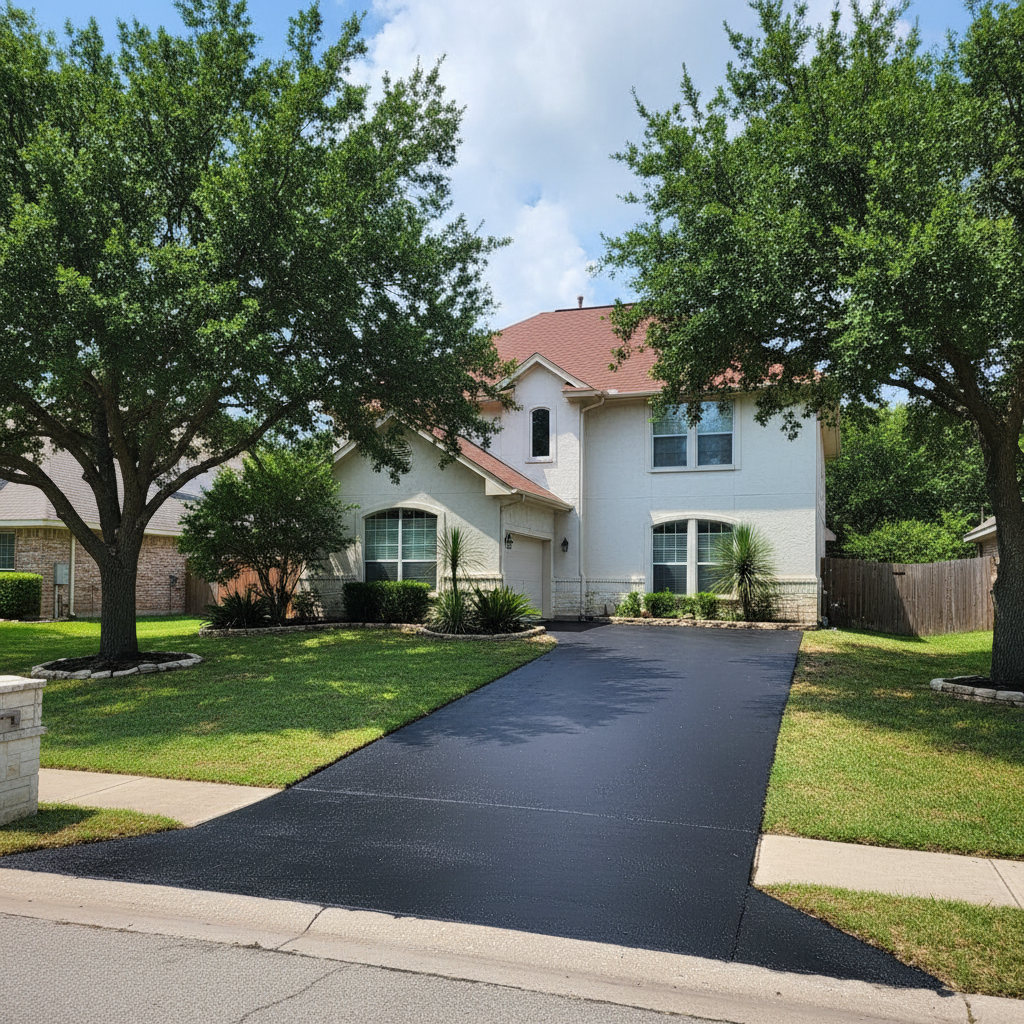 Completed asphalt sealcoating work at a residential property in New Braunfels, TX