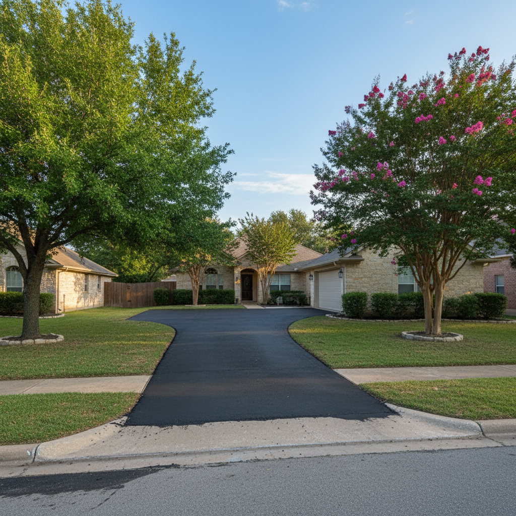 Completed asphalt repair work at a residential property in Leander, TX