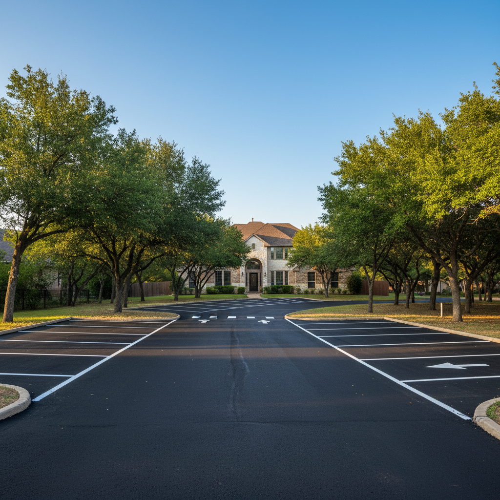 Completed asphalt striping work at a residential property in New Braunfels, TX