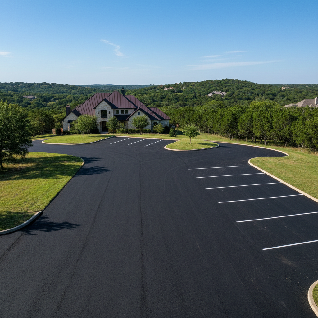Completed parking lot paving work at a residential property in Marble Falls, TX