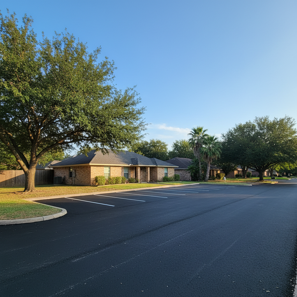Completed parking lot paving work at a residential property in Round Rock, TX