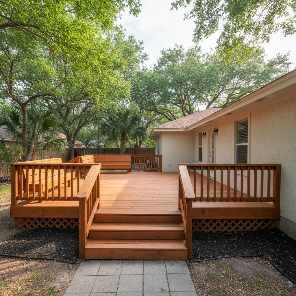 Completed deck construction work at a residential property in Brownsville, TX