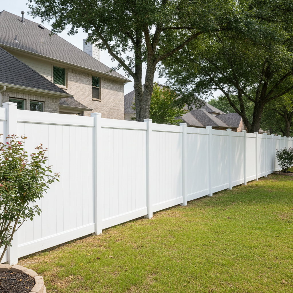Completed vinyl fence installation work at a residential property in New Braunfels, TX