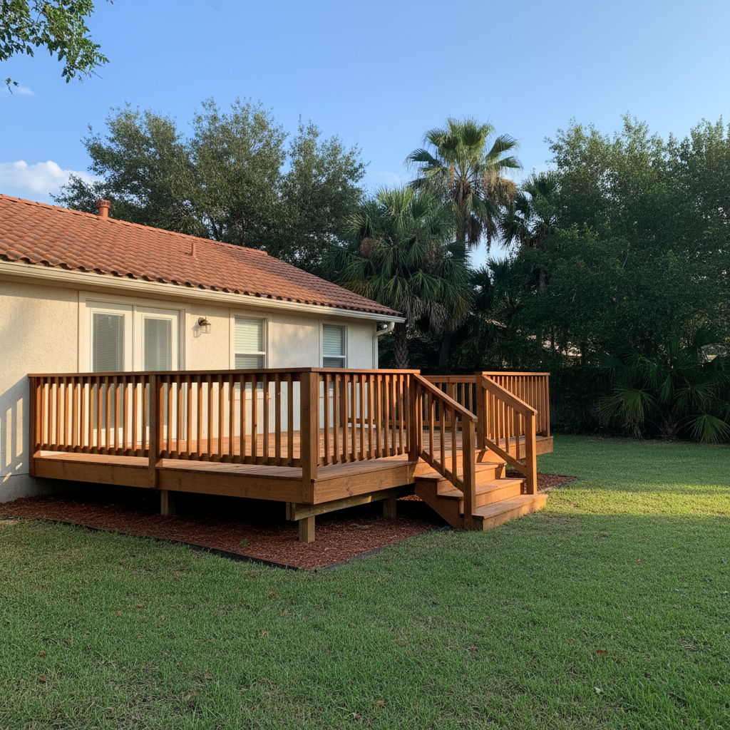 Completed wooden decks work at a residential property in Brownsville, TX