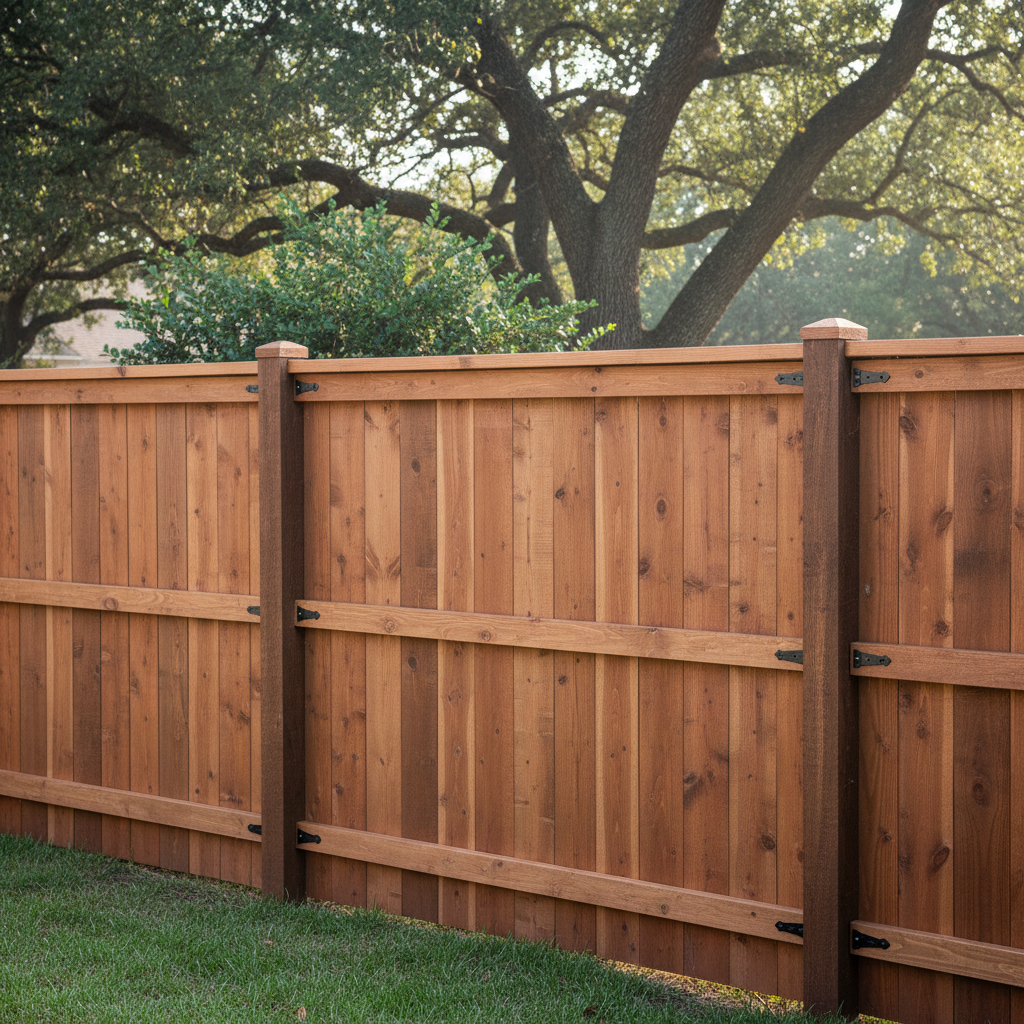 Completed wood fence installation work at a residential property in New Braunfels, TX