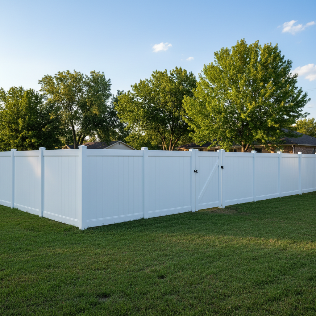 Completed vinyl fence installation work at a residential property in Wichita Falls, TX