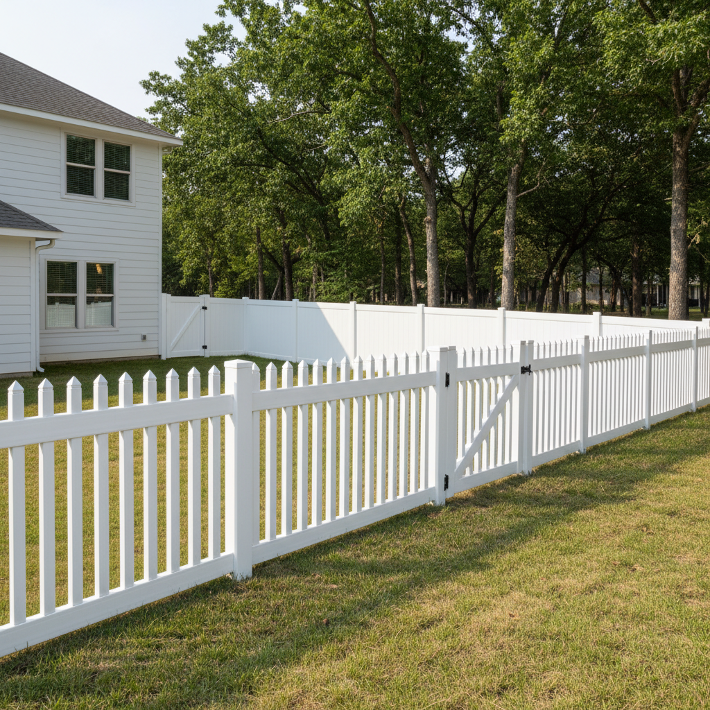 Completed vinyl fence installation work at a residential property in New Braunfels, TX
