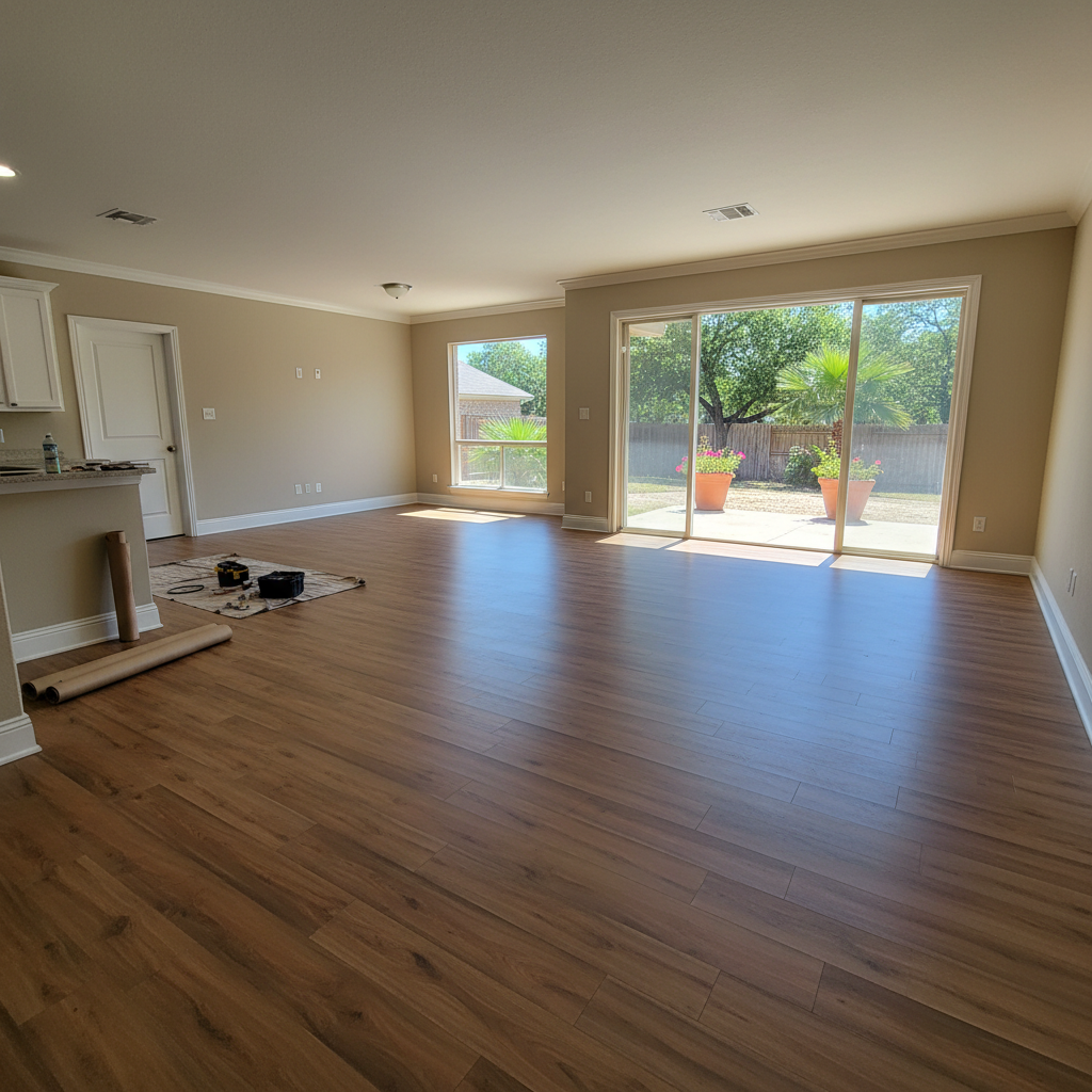 Completed vinyl plank flooring work at a residential property in San Antonio, TX