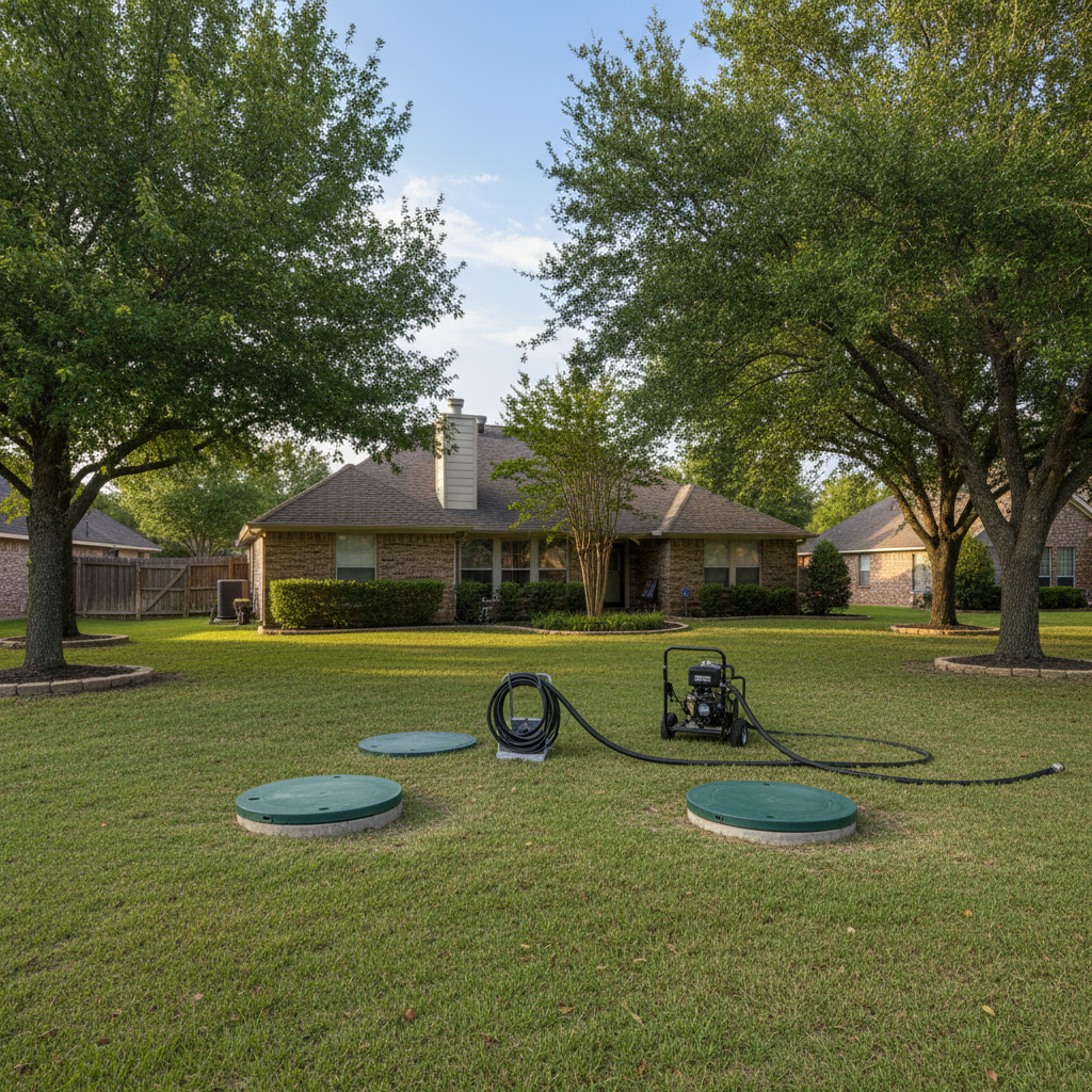 Completed grease trap pumping work at a residential property in Sugar Land, TX