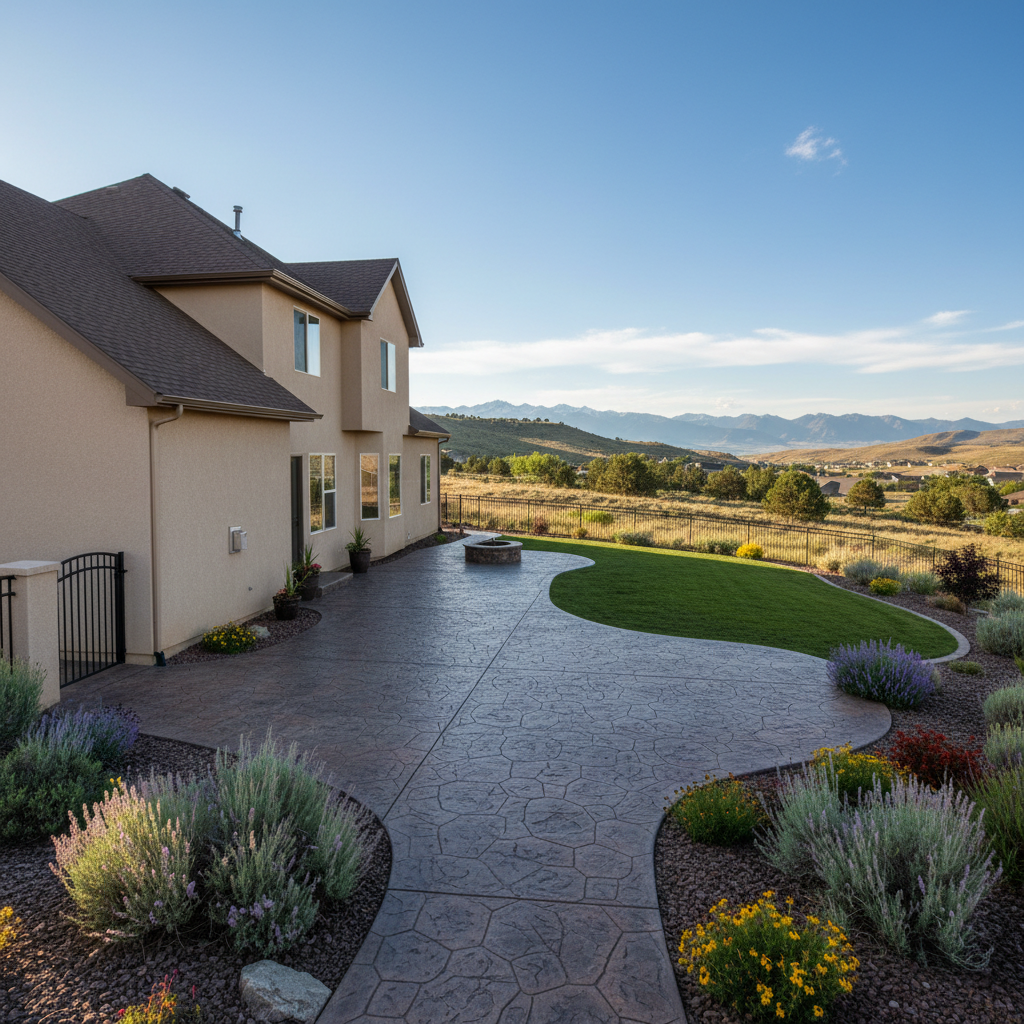 Completed stamped concrete work at a residential property in Layton, UT