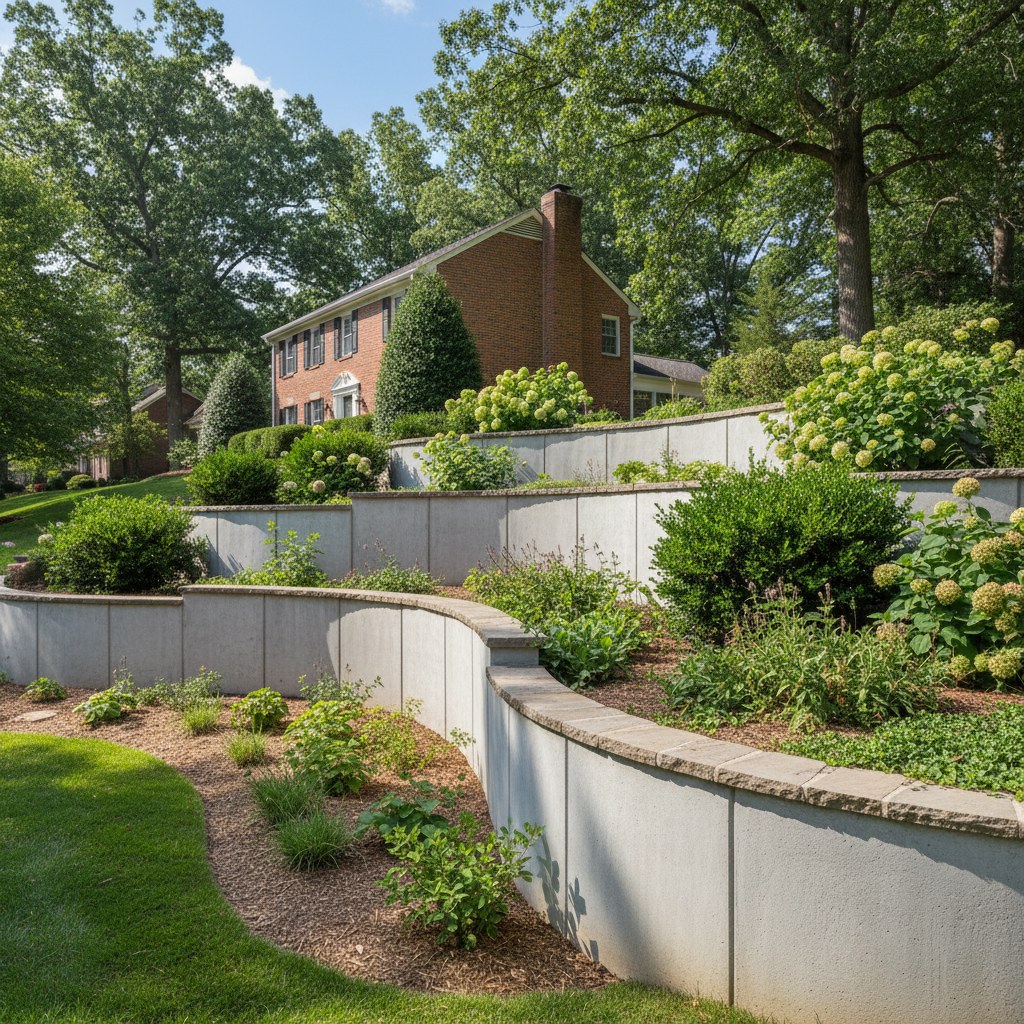 Completed concrete retaining walls work at a residential property in Richmond, VA