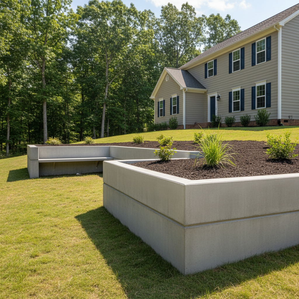 Completed concrete retaining walls work at a residential property in Virginia Beach, VA