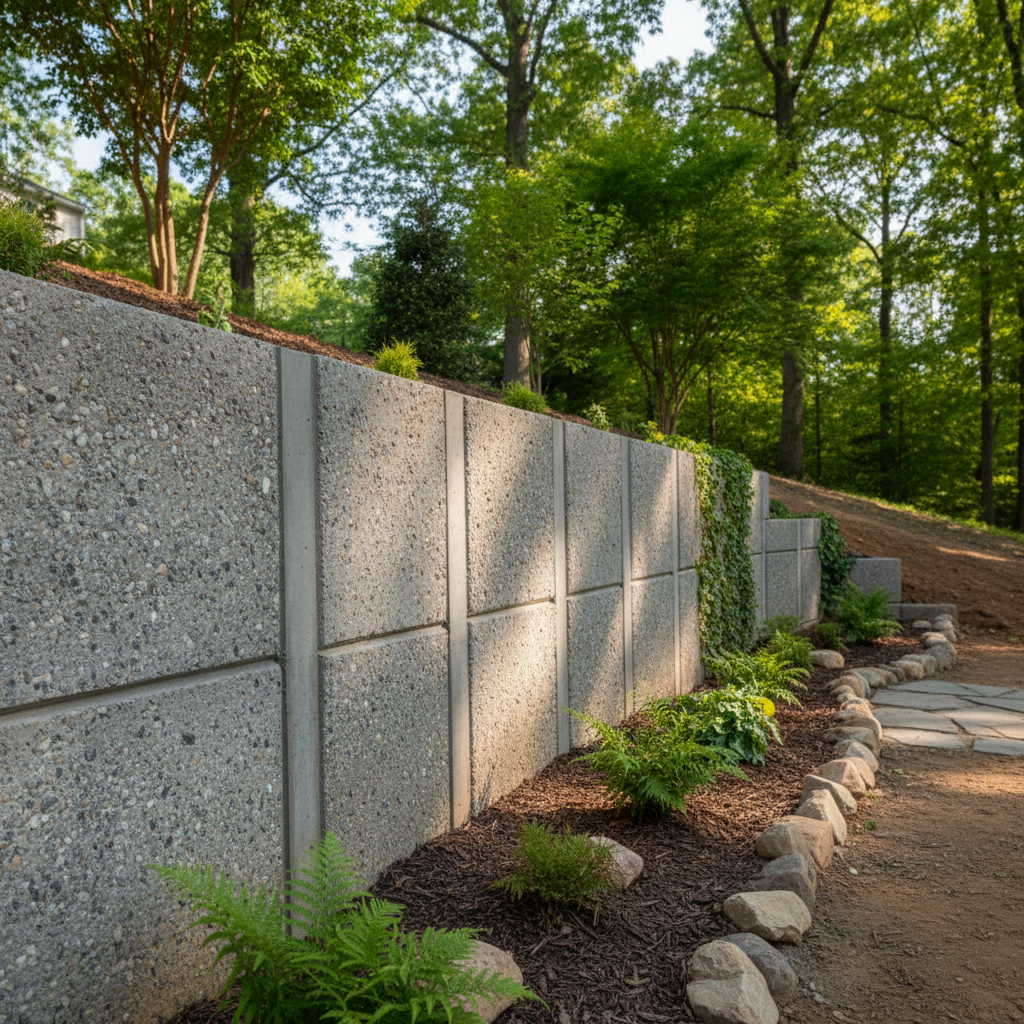 Completed concrete retaining walls work at a residential property in Richmond, VA