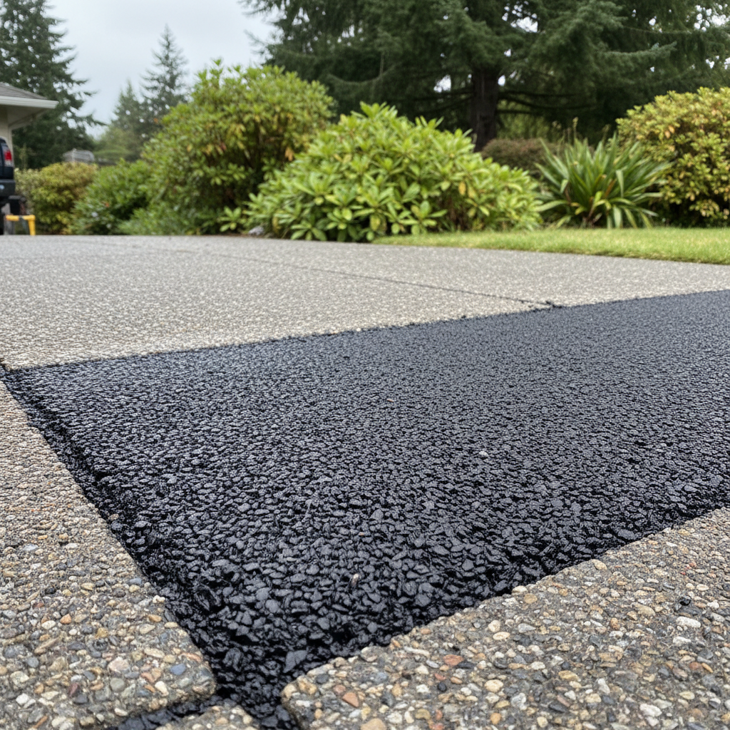 Completed asphalt repair work at a residential property in Shoreline, WA
