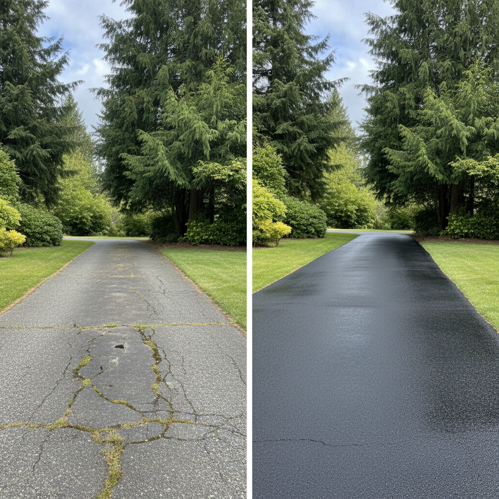 Completed asphalt sealcoating work at a residential property in Woodinville, WA