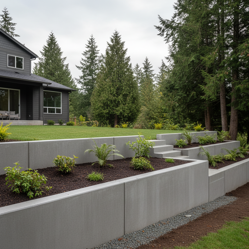 Completed concrete retaining walls work at a residential property in Redmond, WA
