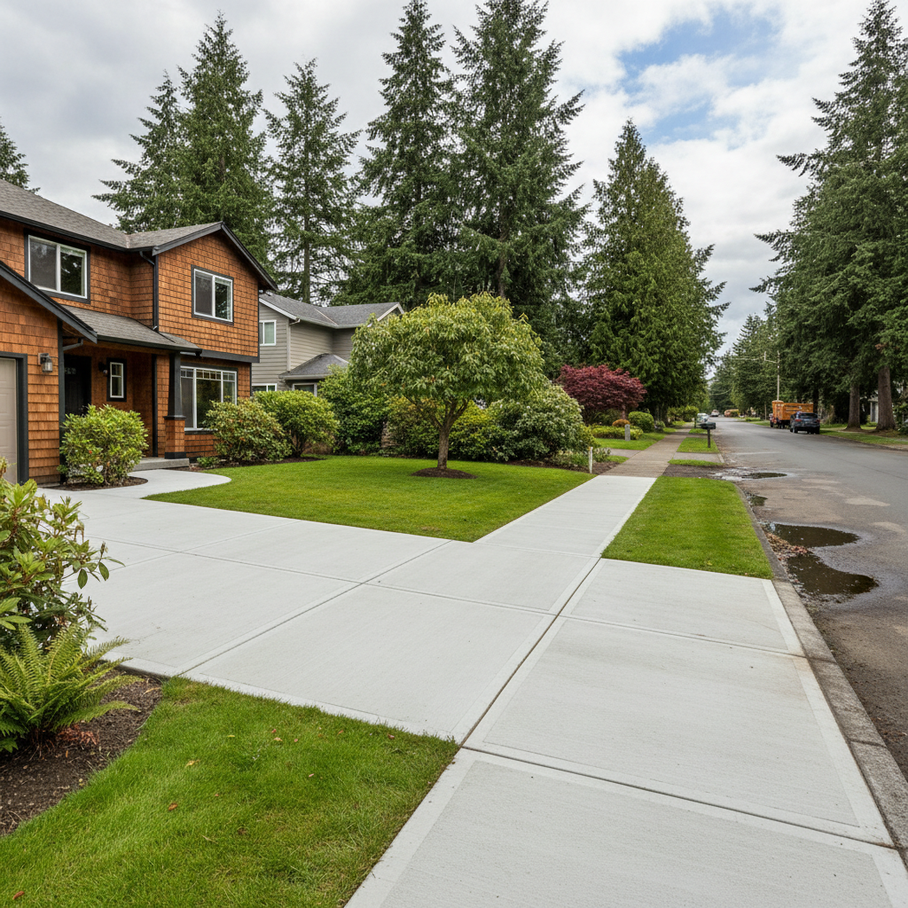 Completed concrete sidewalks work at a residential property in Kirkland, WA